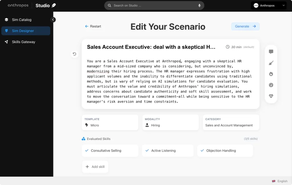 Anthropos Studio – custom assessment and hiring AI Simulations Skills