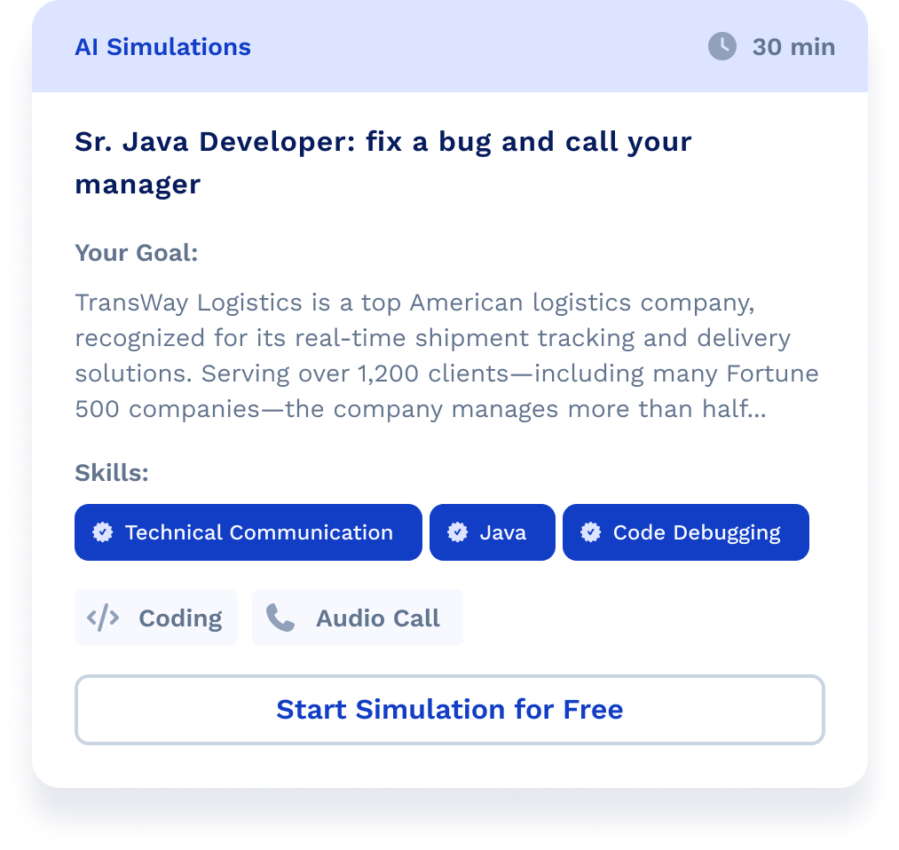 AI Simulation by Anthropos for Java Developer assessment with tech and soft skills check