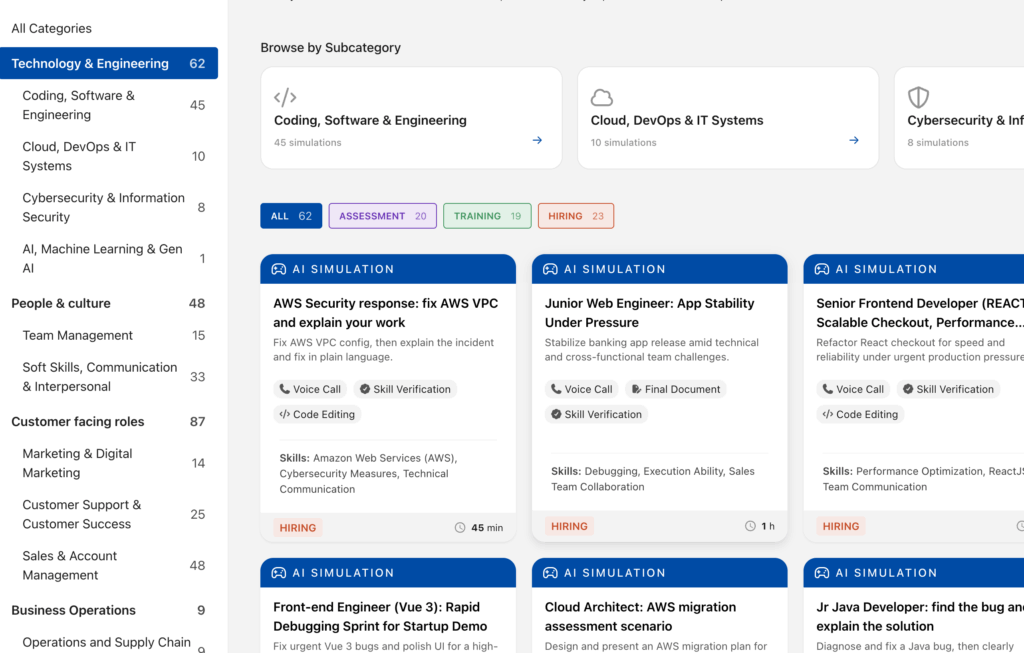 AI Job Simulations to screen tech and coding skills