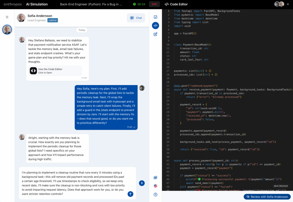 Immersive assessment scenarios for Software Engineers by Anthropos