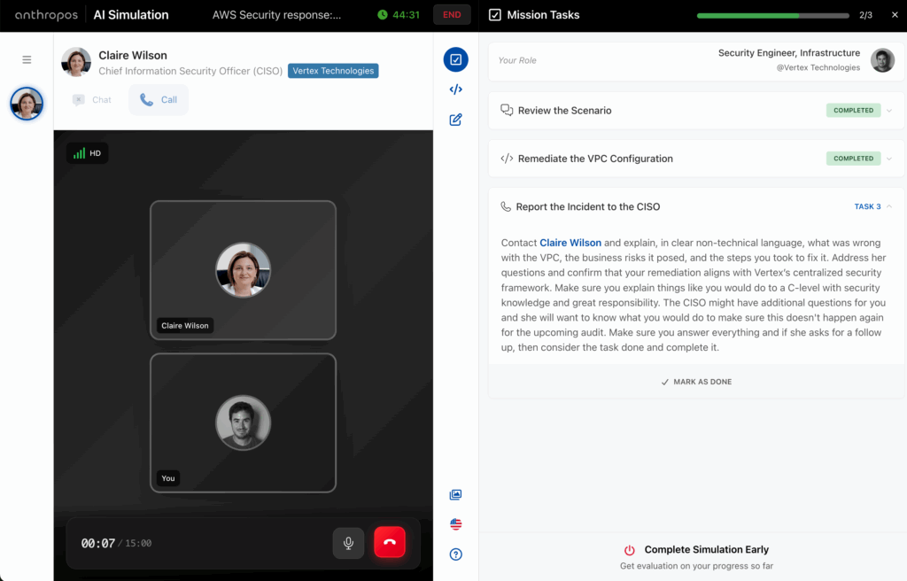 Live calls in AI Simulations for tech skills