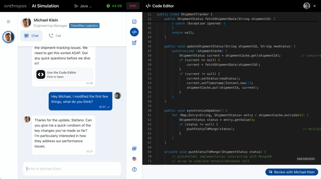 Live coding test with AI Simulations for tech skills
