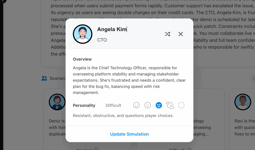 Real AI characters in AI Simulations for tech skills
