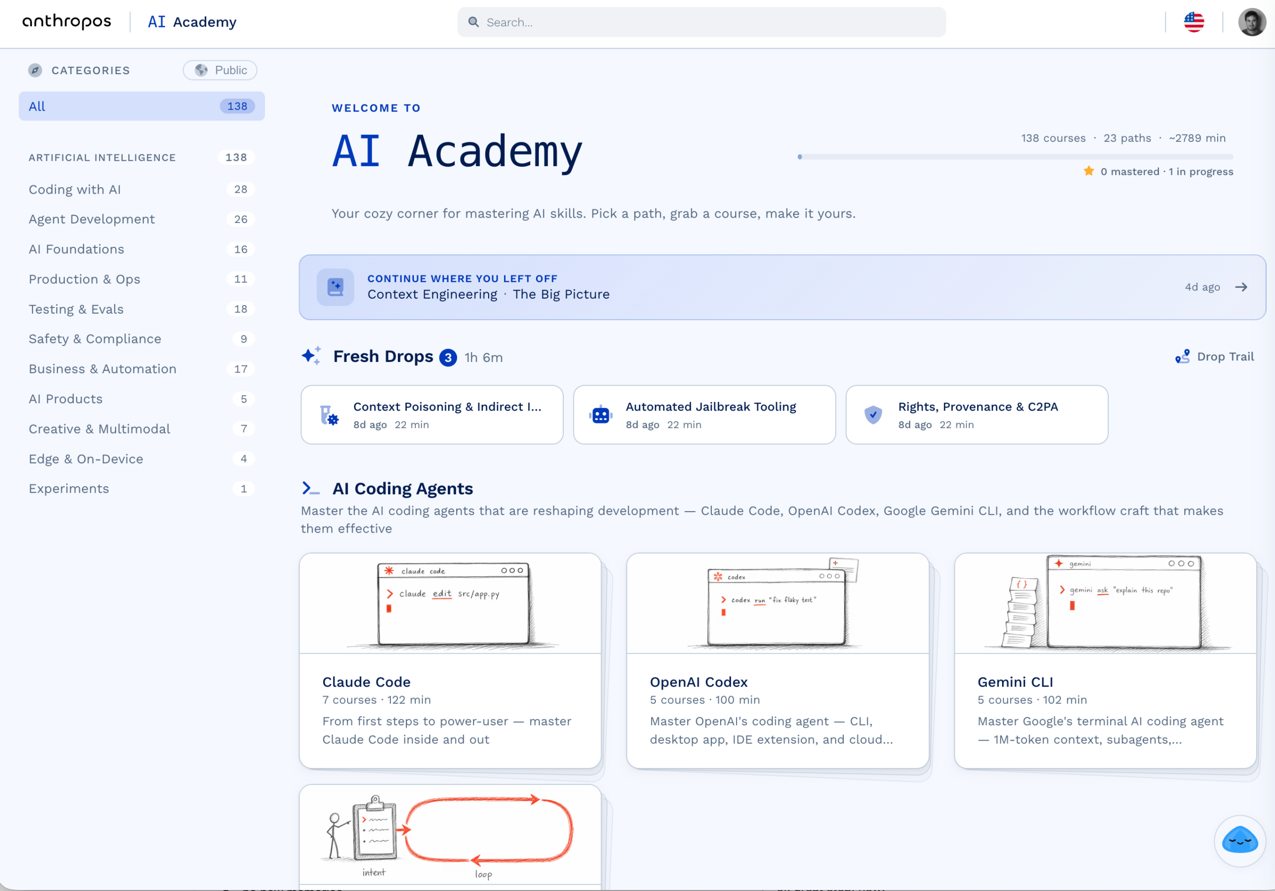 AI Academy catalog — 138 courses across 23 paths, organized by category
