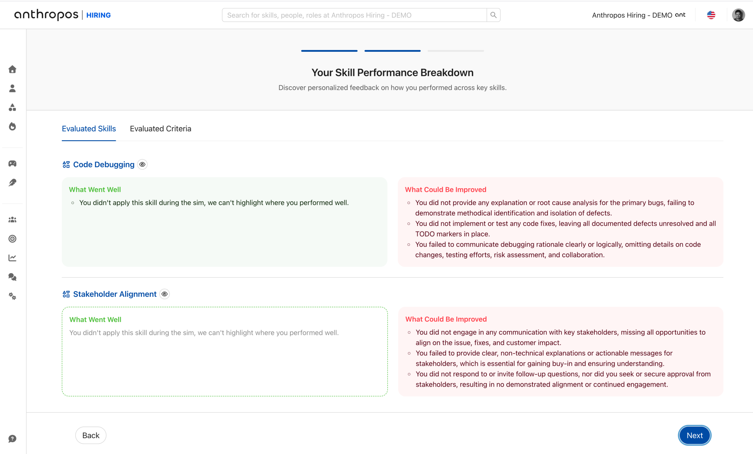 Anthropos hiring simulation — skill performance breakdown