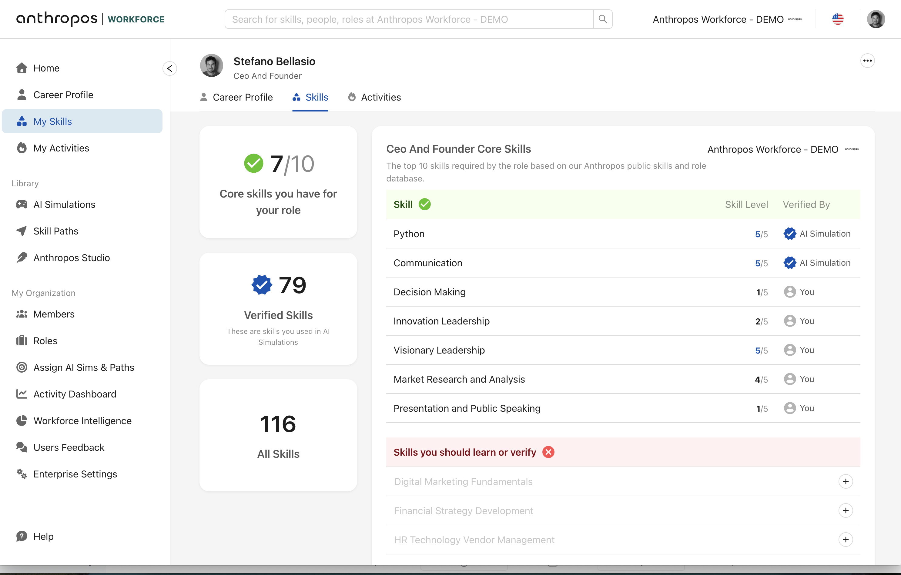 A validated skill profile: core skills for the role, self-assessed and verified levels, and what each skill was verified by