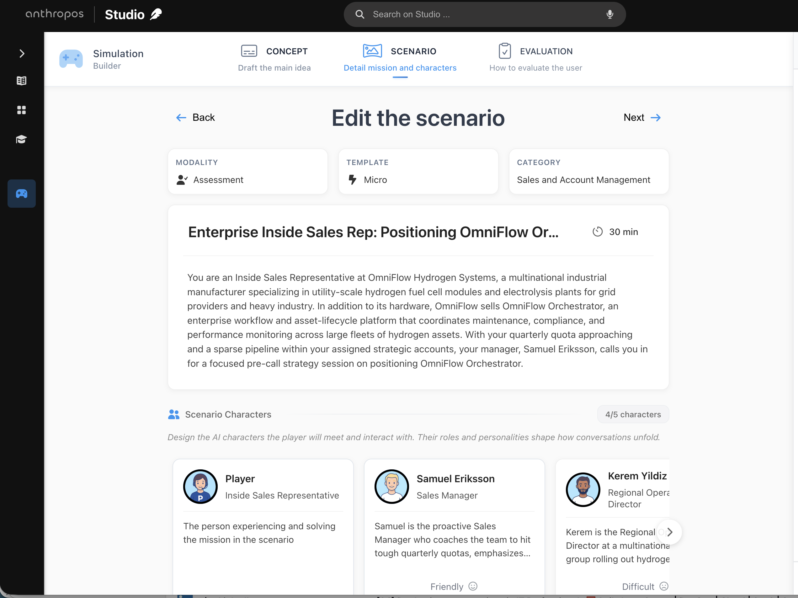 Anthropos Studio — scenario editor