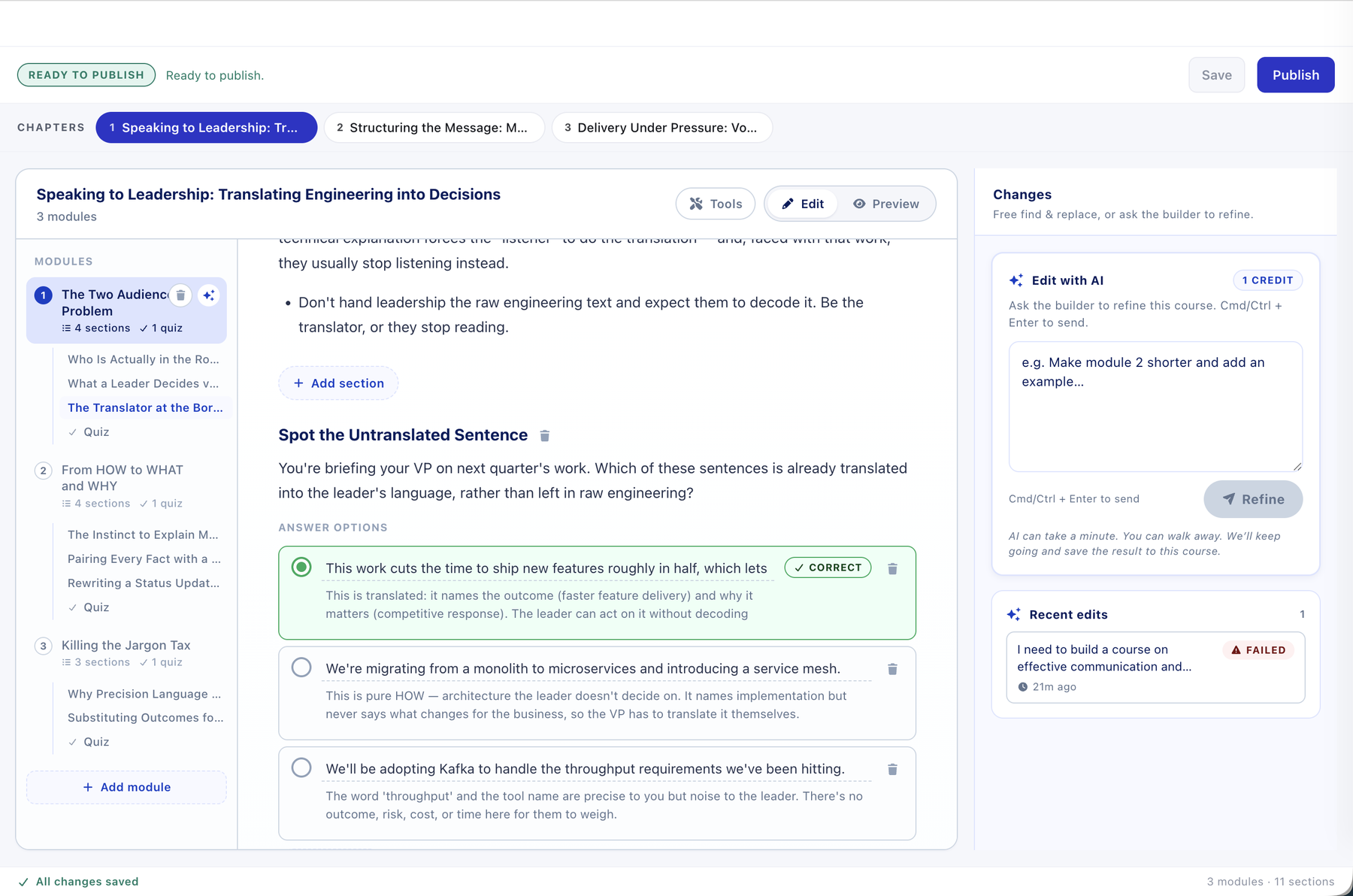 The finished course, ready to publish: modules, lessons, and quizzes you can edit, with an Edit with AI panel to refine any part