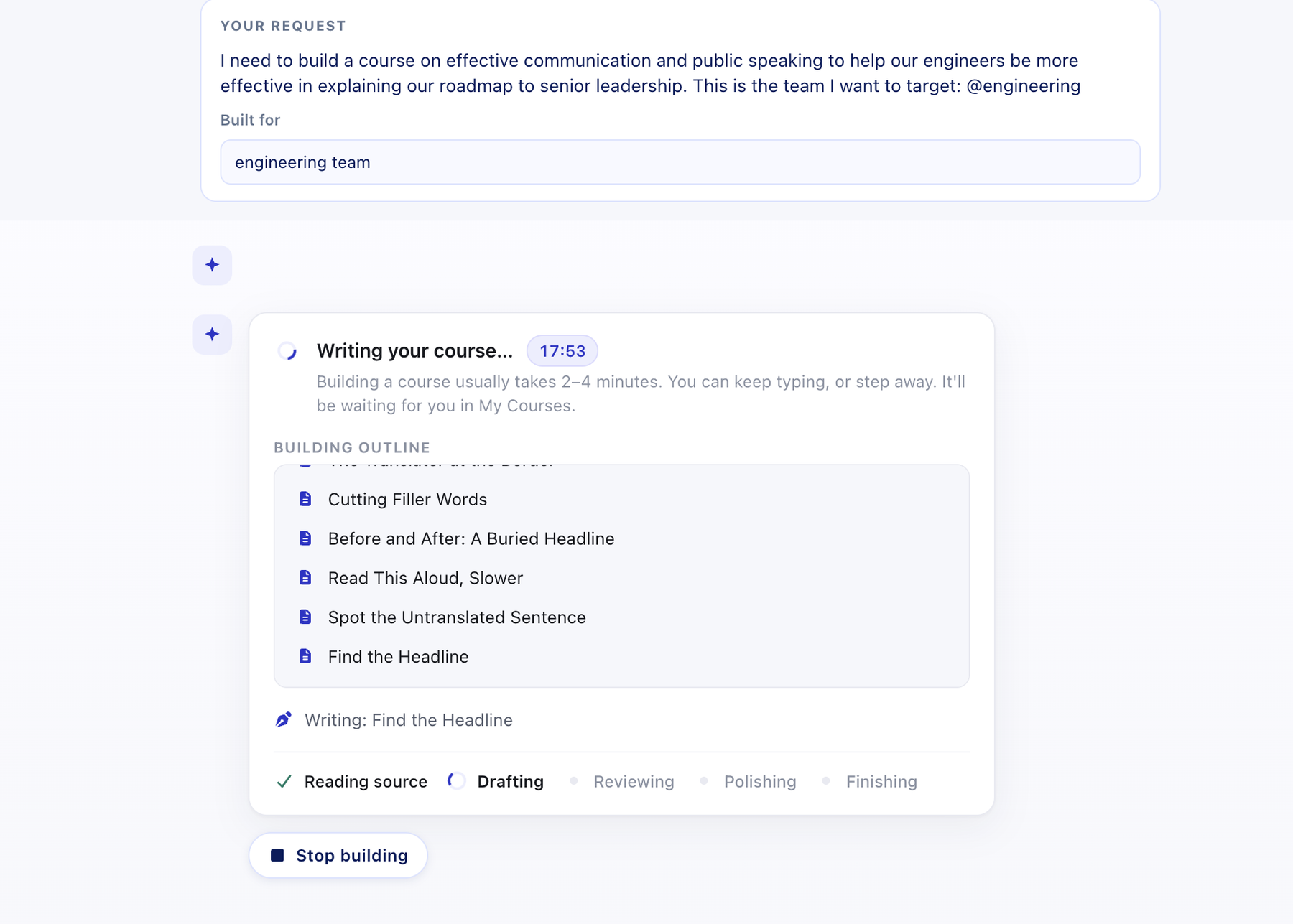Course Builder writing the course live: the outline of chapters, lessons, and quizzes appears as it is drafted