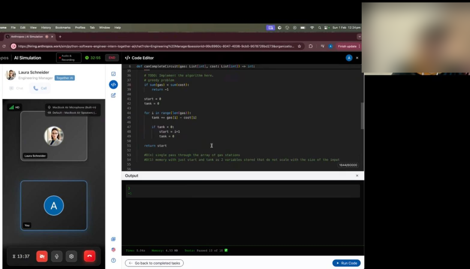 A technical AI Simulation: a candidate solving a coding task in a real IDE