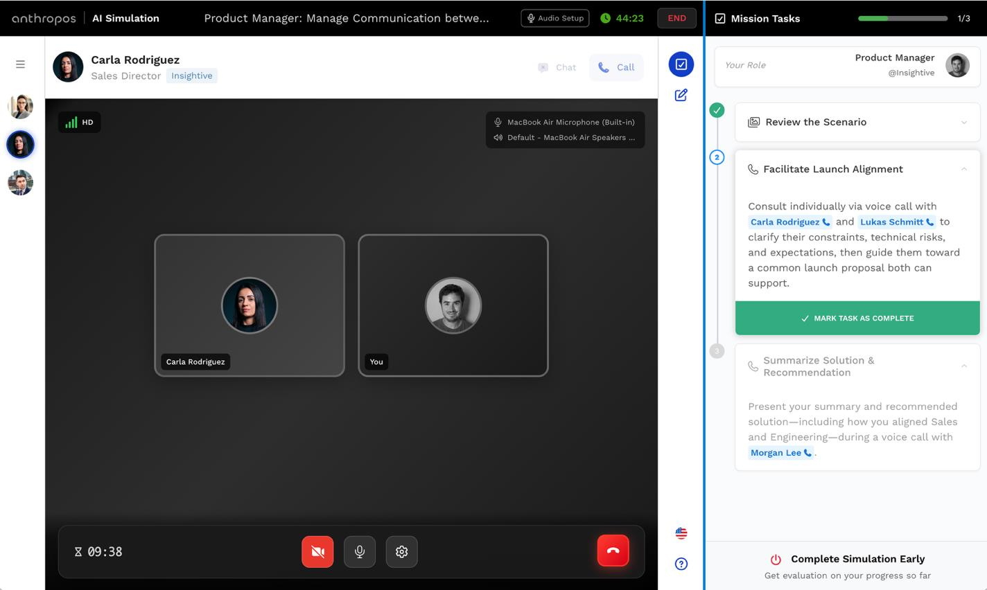 Anthropos AI Simulation: immersive voice-call scenario with scored mission tasks