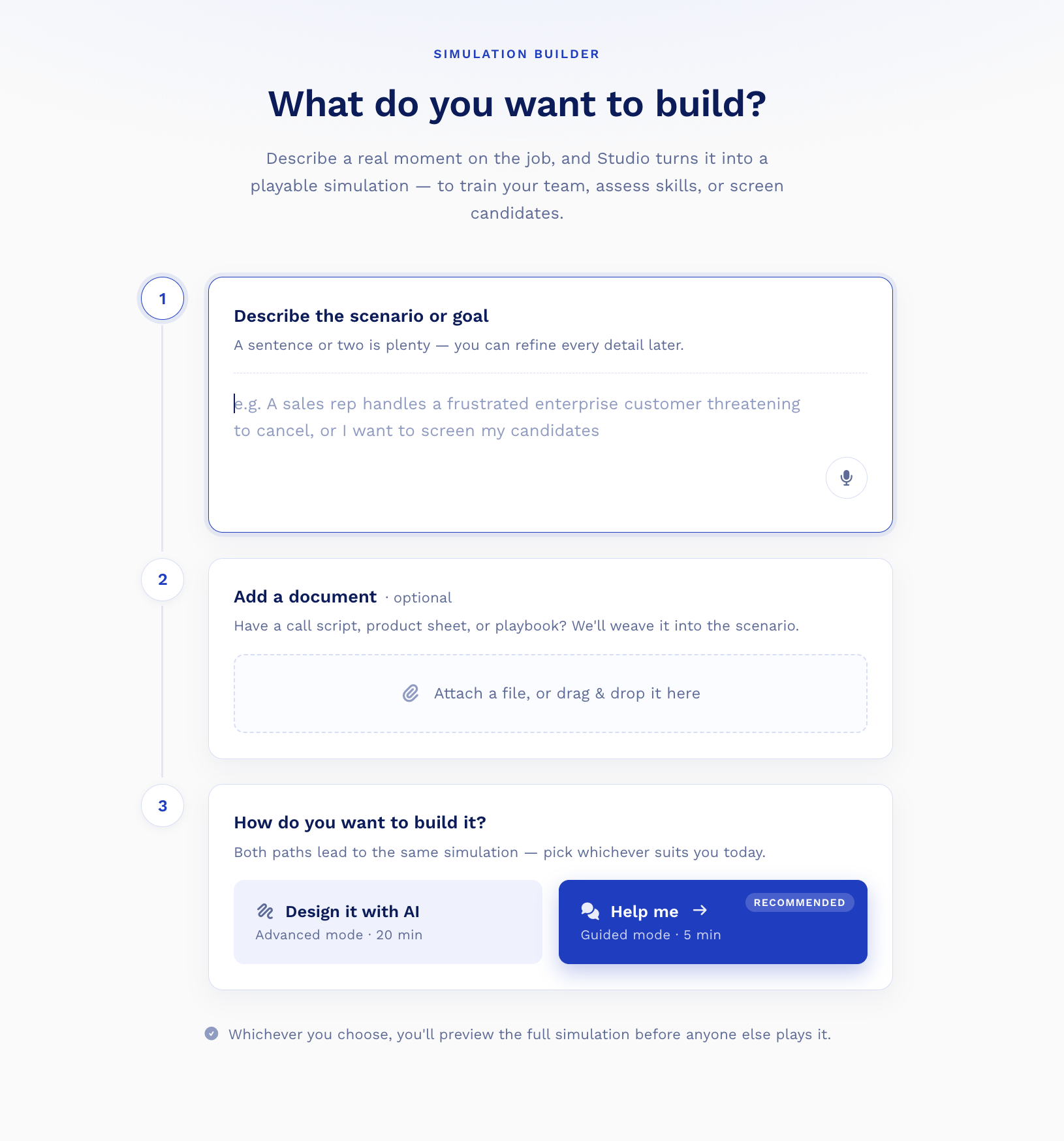 Studio asks what you want to build: describe the scenario, add an optional document, and choose how to build it
