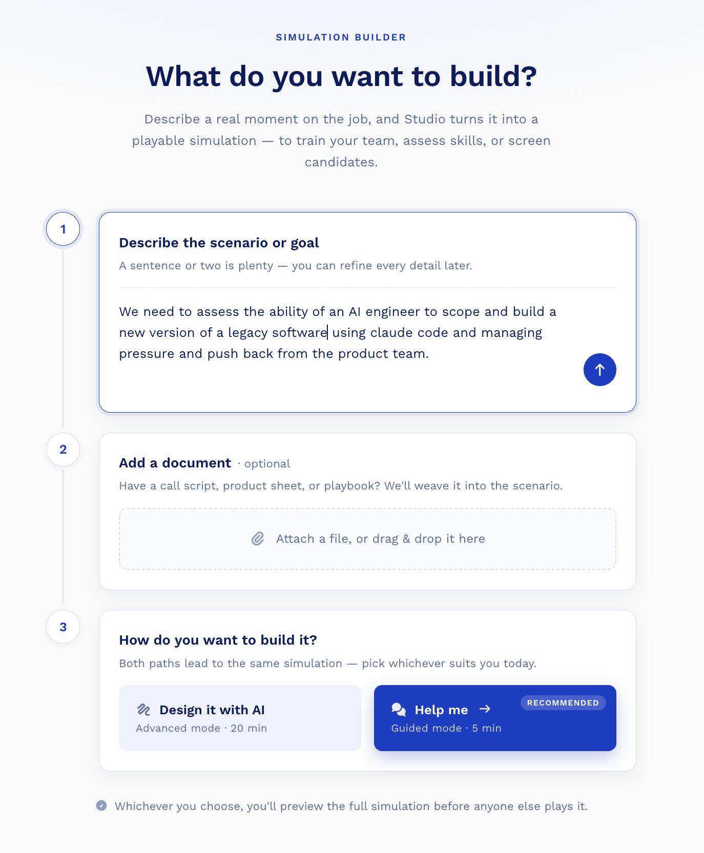 The same builder with a real brief typed in: assess an AI engineer scoping a legacy rebuild with Claude Code under product pushback