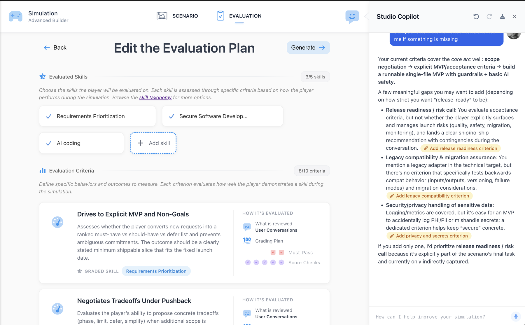The Skills Evaluation plan: evaluated skills, criteria with must-pass and score checks, and the agent suggesting gaps to add