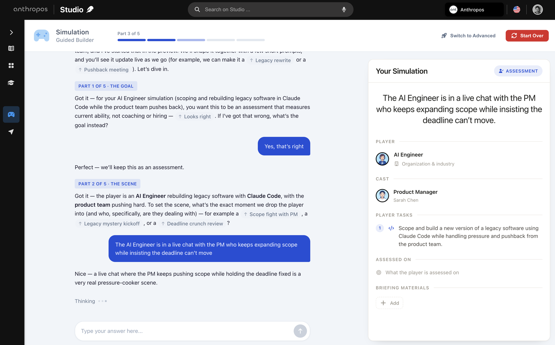 The Studio agent building live: a plain-language conversation on the left assembles the full simulation preview on the right