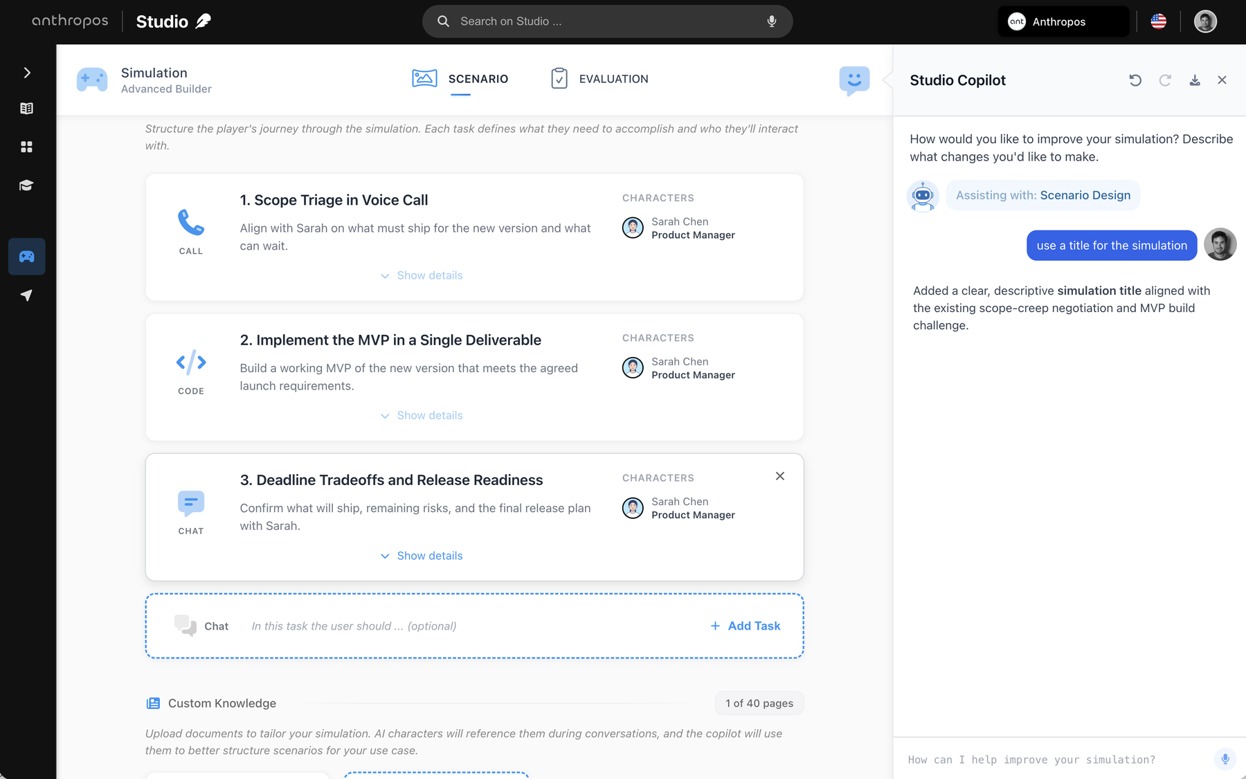 The Advanced Builder: sequence tasks like voice call, code, and chat, cast the characters, and refine anything with the Studio Copilot