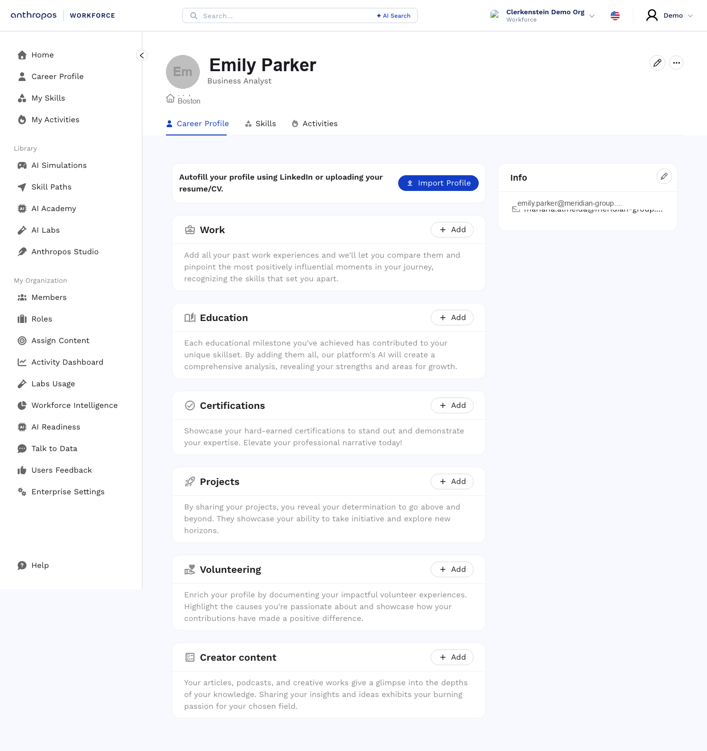 A person's career profile in Anthropos, auto-filled from LinkedIn and CV