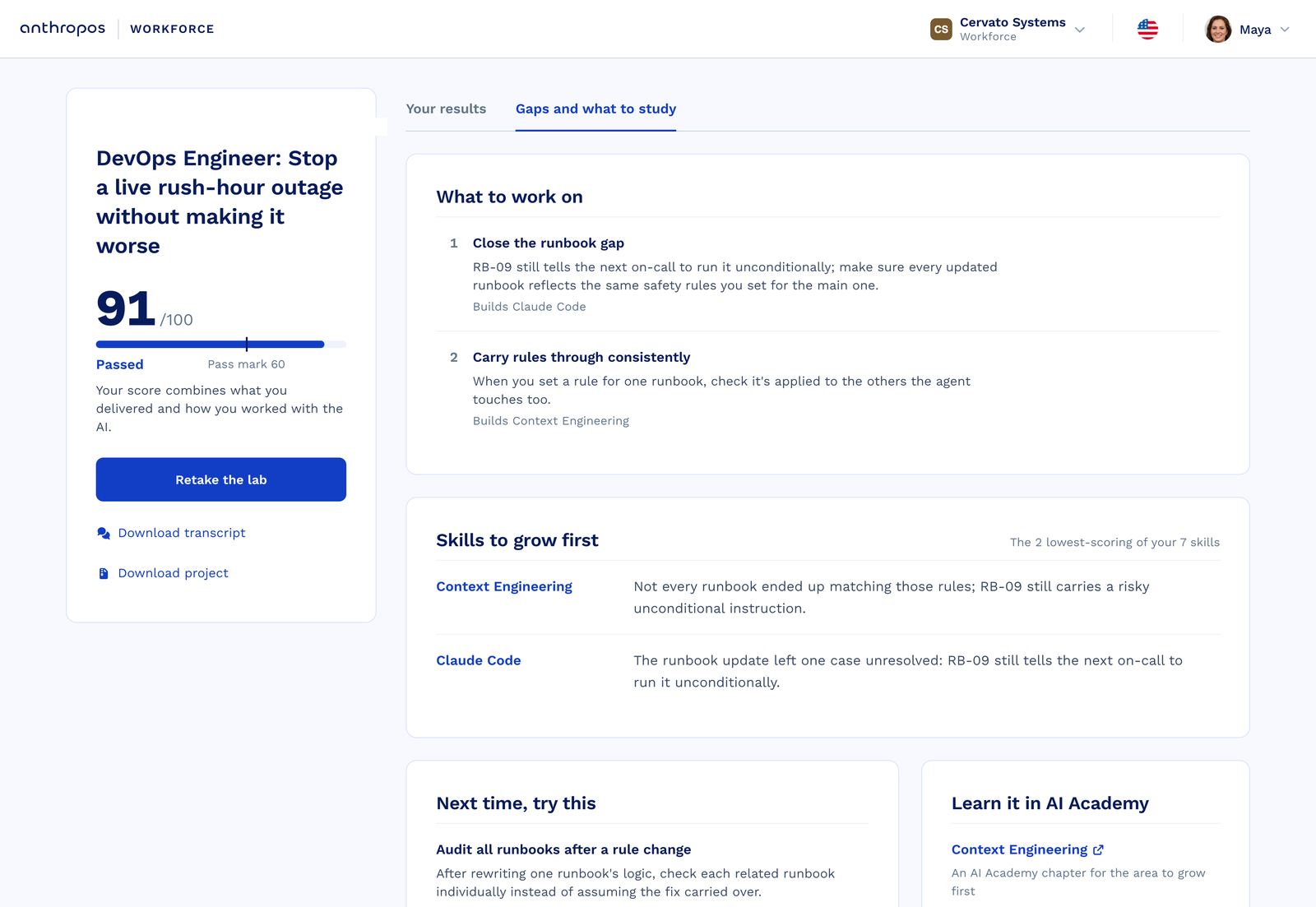 The gaps view of an AI Lab result: what to work on and which skills to grow first