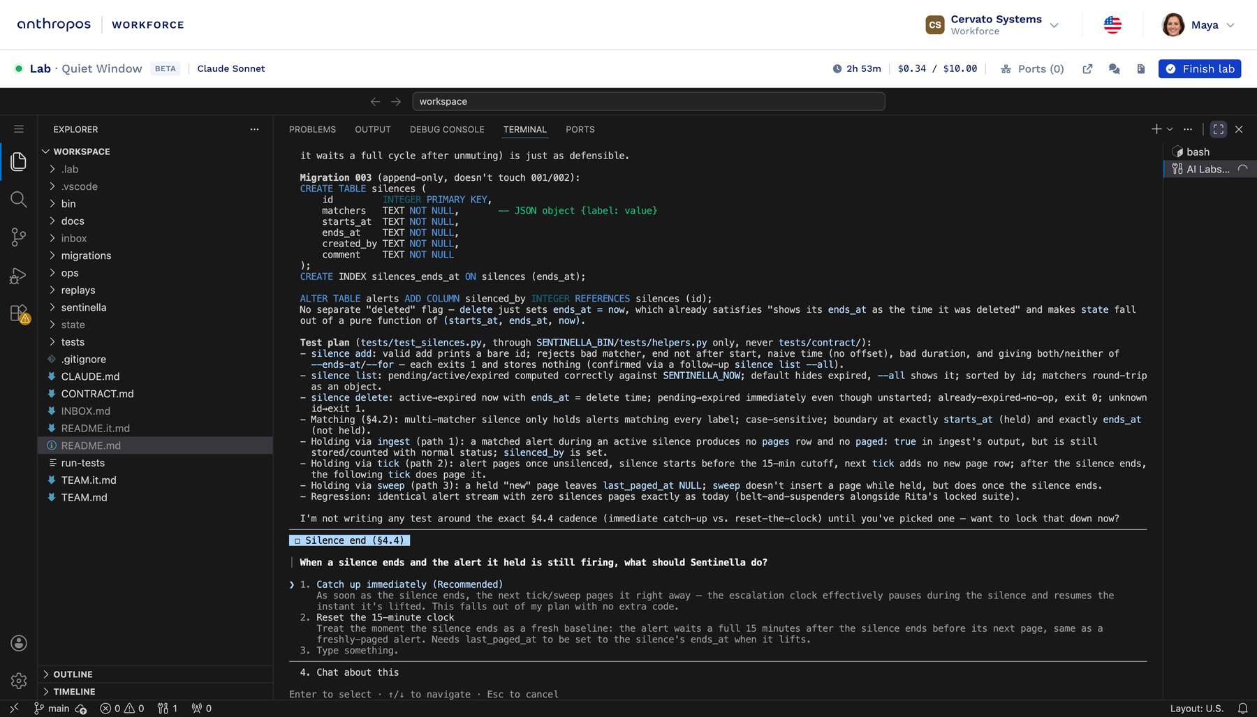 An AI Lab: the agent lays out its plan in the terminal before writing any code