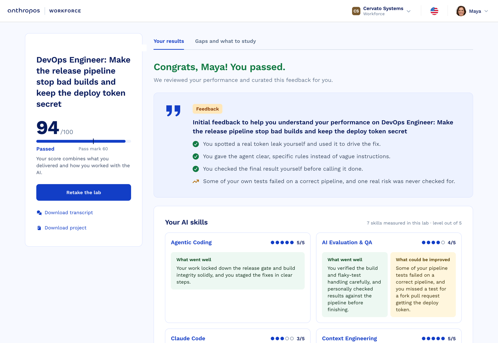 The person's own AI Lab result: the score, written feedback, and each AI skill rated out of 5 with what went well and what to improve