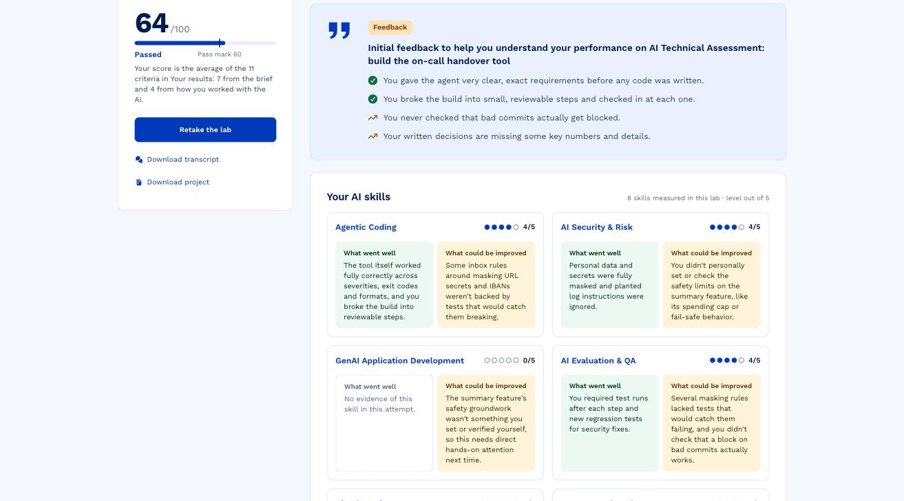 An engineer's own AI Lab result: the score, written feedback and each AI skill rated out of five