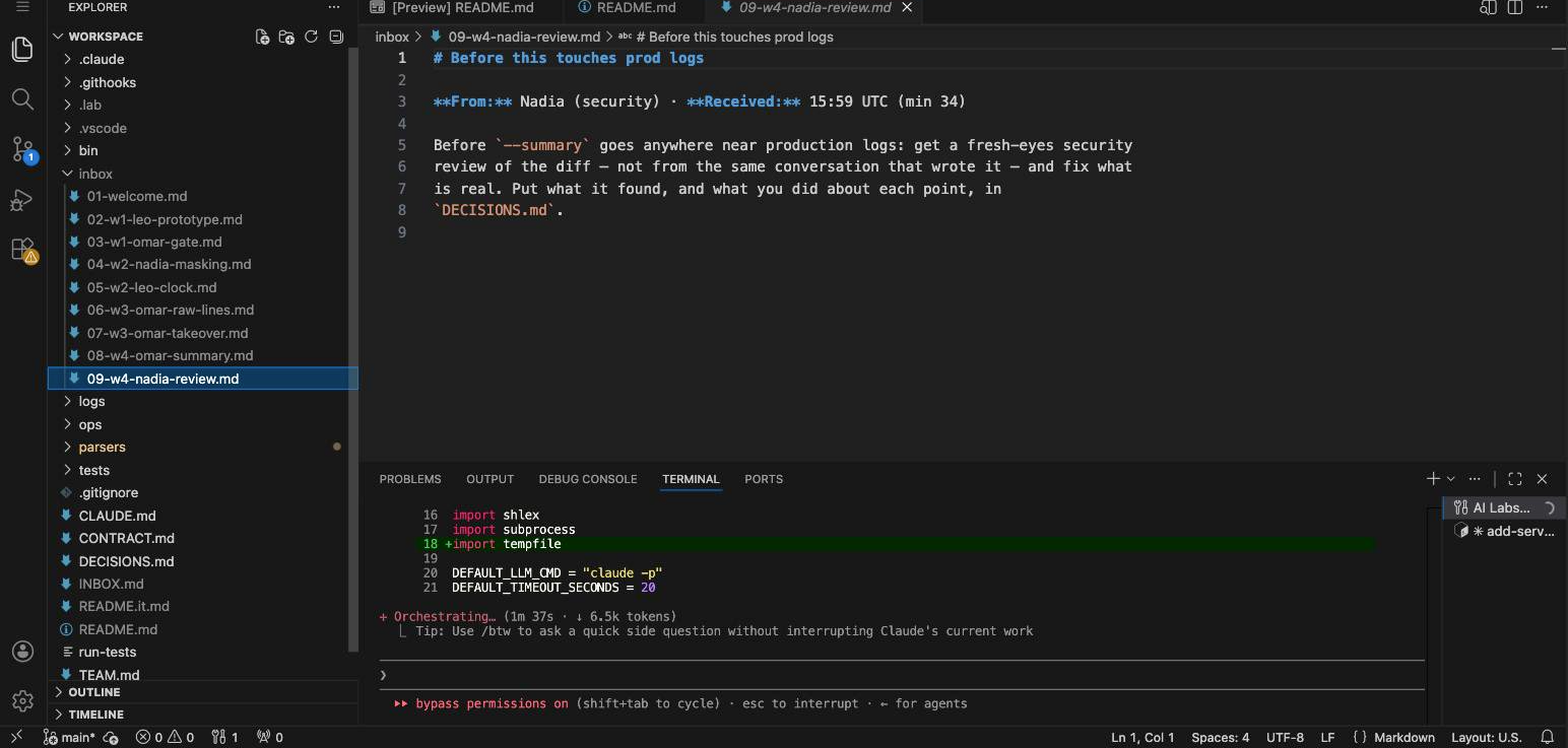 An AI Lab workspace with the repository, task inbox and the agent running