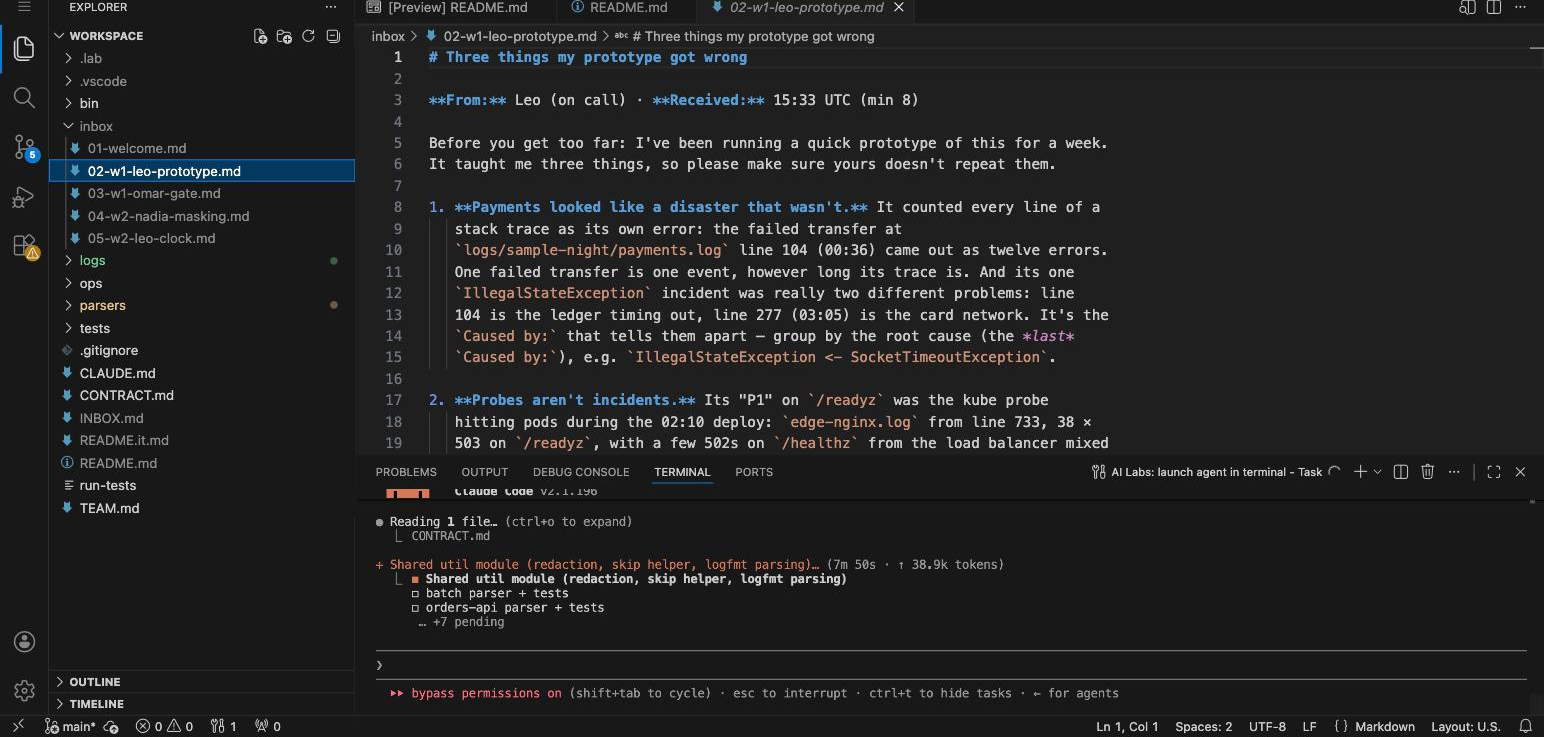 An AI Lab workspace with a real repository open and Claude Code running in the terminal