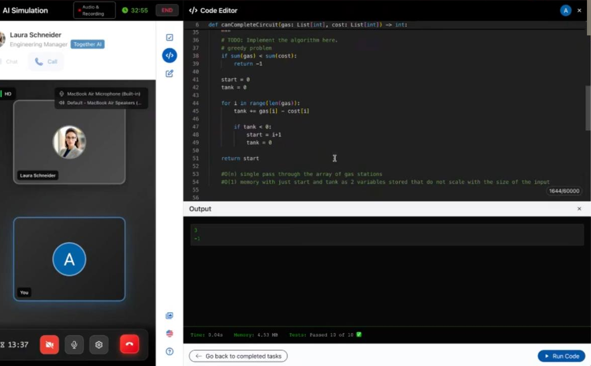 An AI Simulation combining a live call with a coding task, with the test results shown under the editor