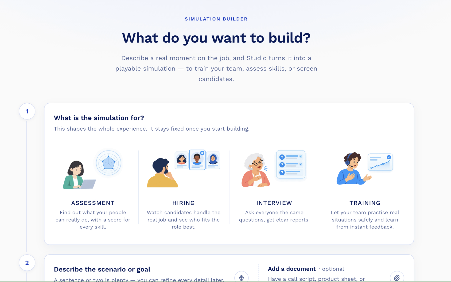 Anthropos Studio asking what to build, with Assessment, Hiring, Interview and Training to choose from