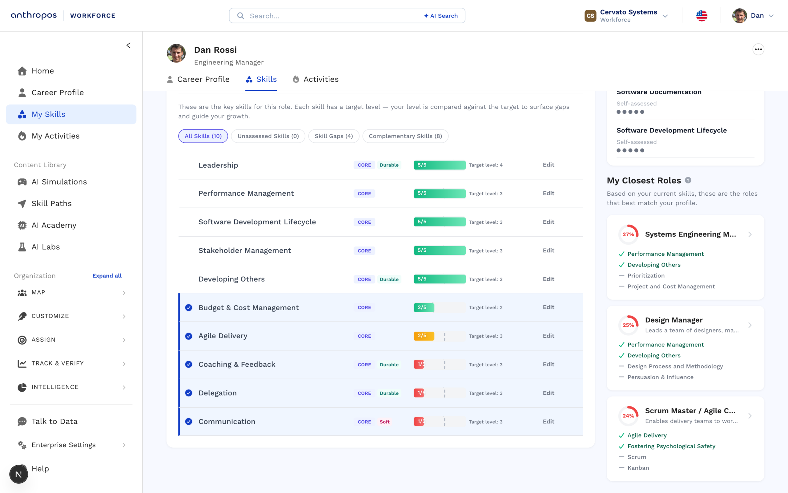 An employee profile showing each skill against the level the target role requires