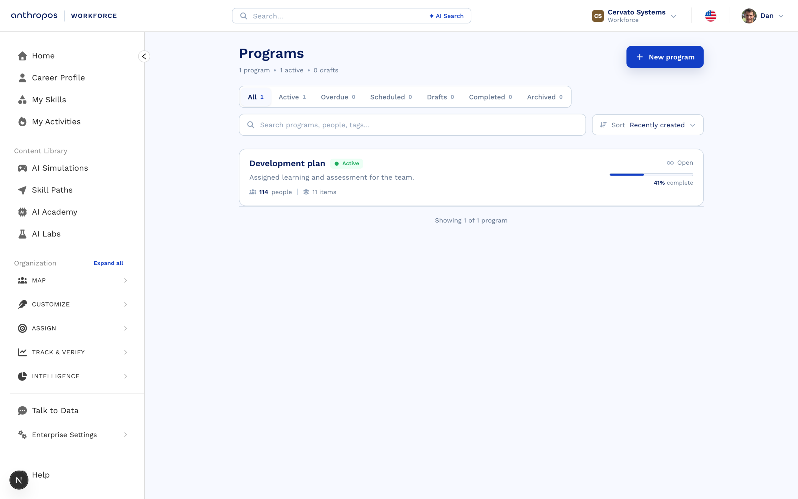 The programmes view showing development assigned across the organisation
