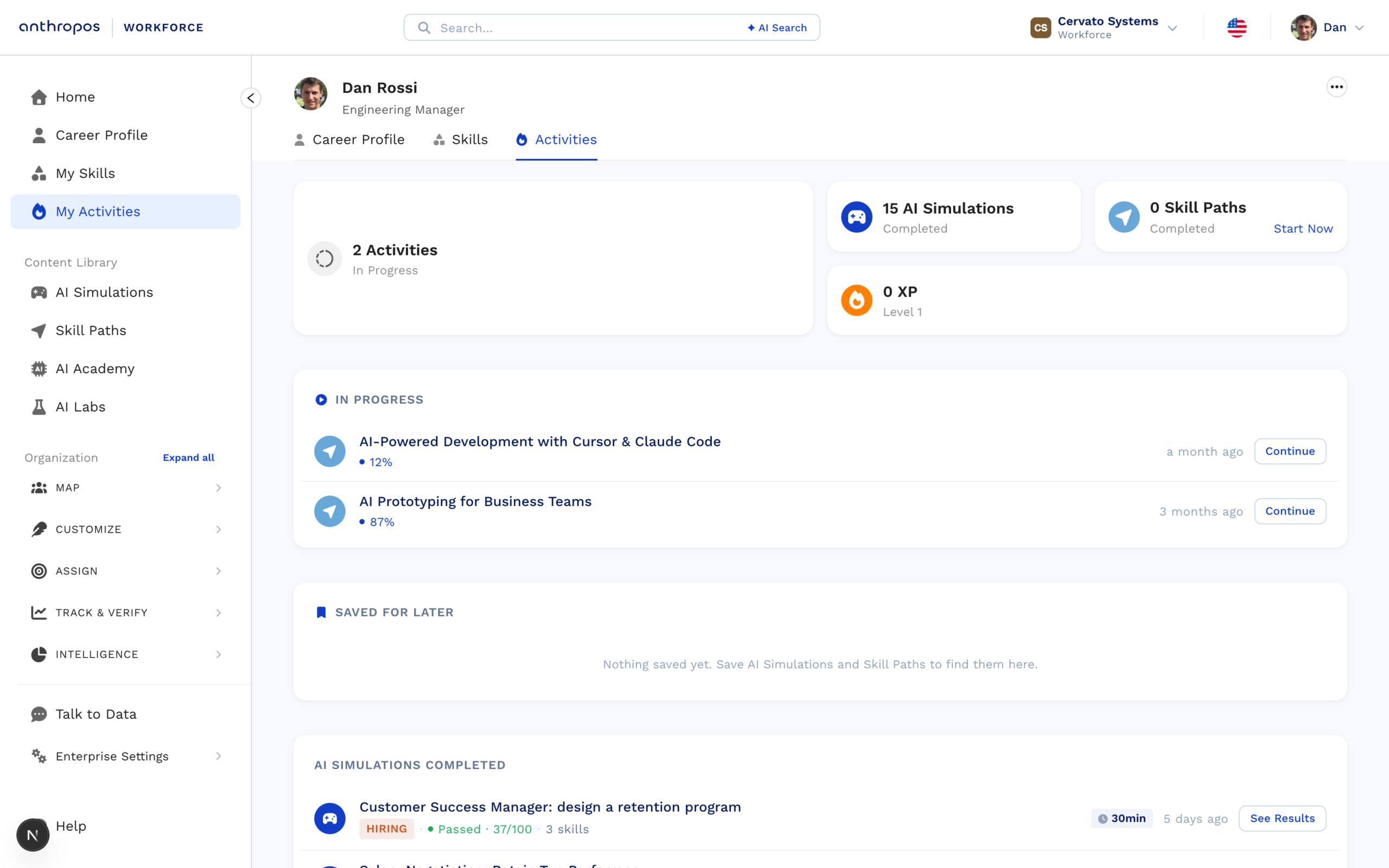 An employee activity view listing completed simulations, in-progress learning and results