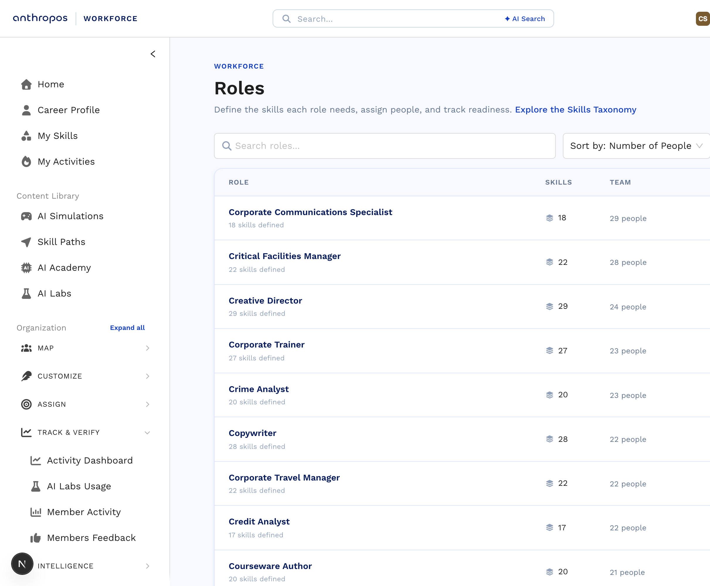 The roles list: each role with the number of skills defined and the people assigned to it